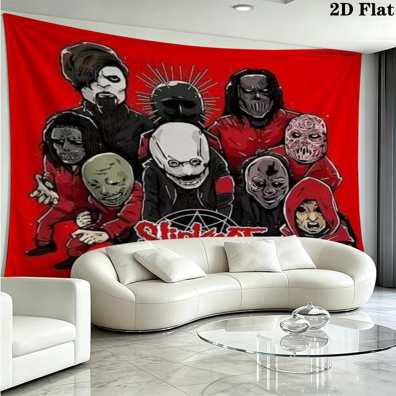 Slipknot Cartoon Masked Members Tapestry, Red Background Band Portrait Wall Hanging for Rock Fans
