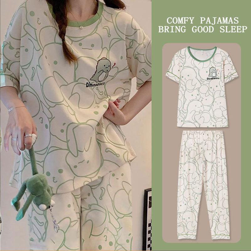 Summer Sweet Women's Pajamas Small Fresh Flowers Strawberry Short-sleeved Trousers Set Loose and Can Be Worn Outside Loungewear