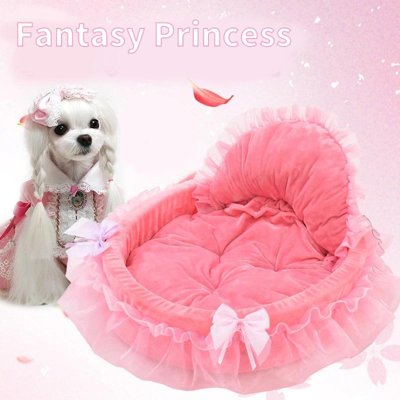 Fantasy Bow Lace Pet Bed Cute Large Dog Beds Cat Pet Sofa Detachable Oval Pink Princess Pet Bed Basket For Dog Wedding Furniture