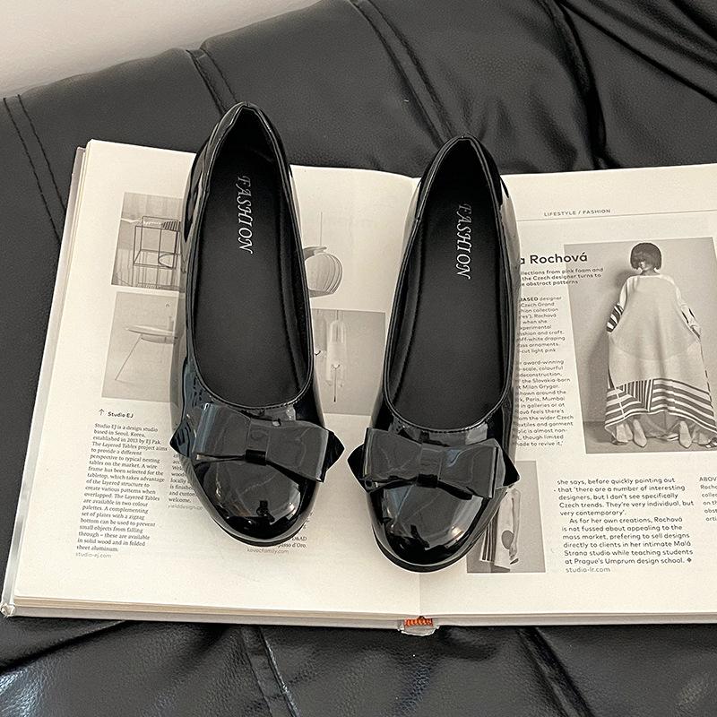 Summer Bow Commuter Leather Shoes Work Round Head Shallow Mouth Single Shoes Women's Fashion Patent Leather Wedge Soft-soled Shoes