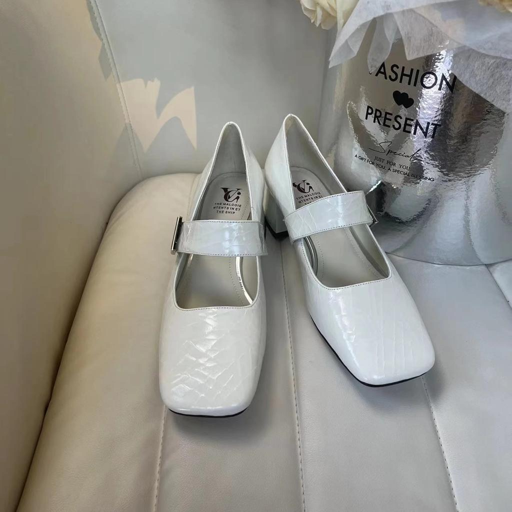 Fashion NEW Spring/Autumn Women Pumps Square Toe Chunky Heel Shoes Satin Shoes for Women Elegant Low Heel Buckle Black Mary Jane Shoes