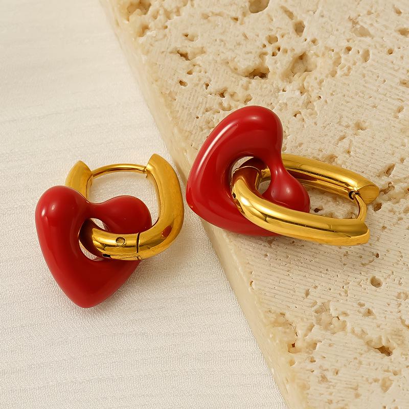 European & American Retro Heart Earrings - Women's Enamel Glaze U-shaped Detachable Design.