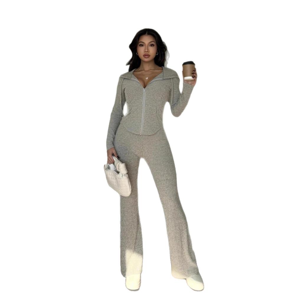 Women's Grey Hooded Zip Front Jumpsuit with Flare Leg
