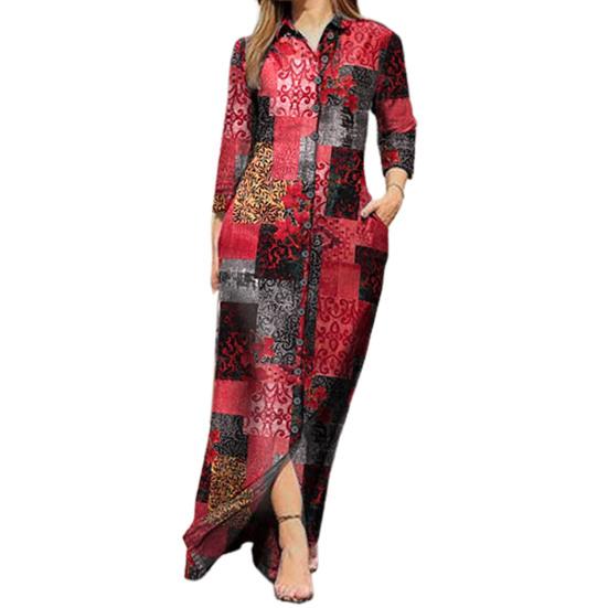 Maxikleid Umlegekragen Langarm Taschen Vintage Blumendruck Einreiher