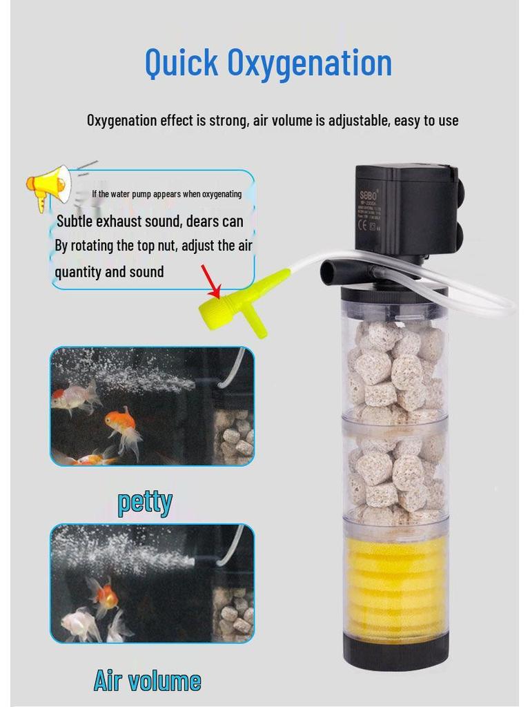 Silent Aquarium Filter: Submersible 3-in-1 Water Purifier, Circulator, and Oxygen Pump with Poop Suction Feature.