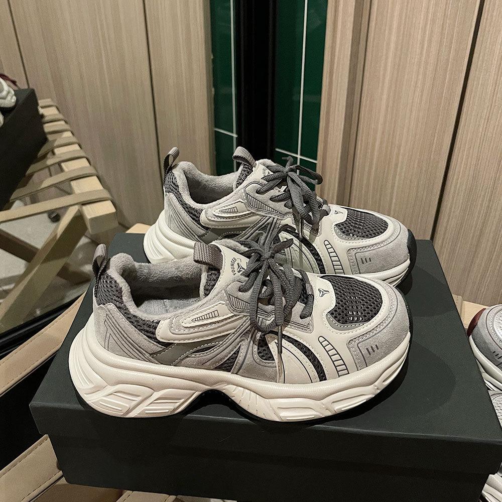 Leather Platform Dad Shoes Women's 2025 New Autumn and Winter Velvet Heightening Lightweight Casual Mesh Red Sneakers