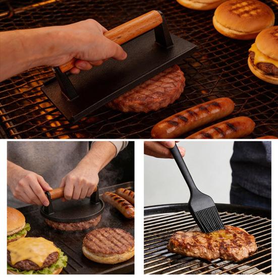 2Pcs Cast Iron Meat Press with Wood Handle Heavy-Duty Bacon Burger Smasher for Grill Griddle Skillet Rust-Proof Round Rectangular Professional BBQ