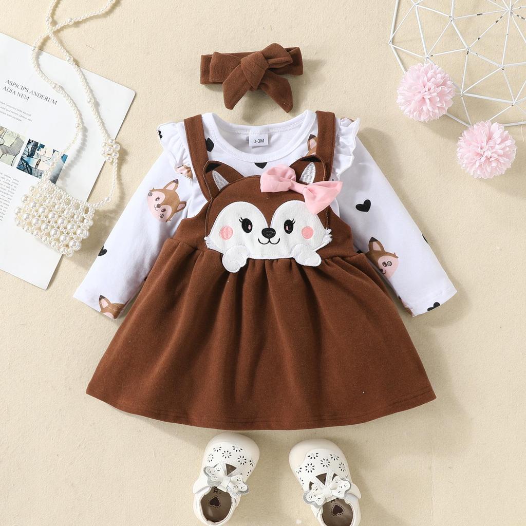 2023 Fall/Winter Baby & Toddler Fox Heart Print Long Sleeve Bodysuit with Bow Strap Dress Set