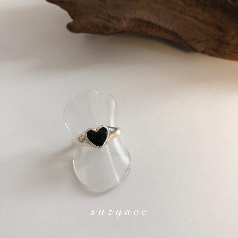 Chic S925 Black Heart Open Ring For Women Korean Style Simple Fashion Jewelry