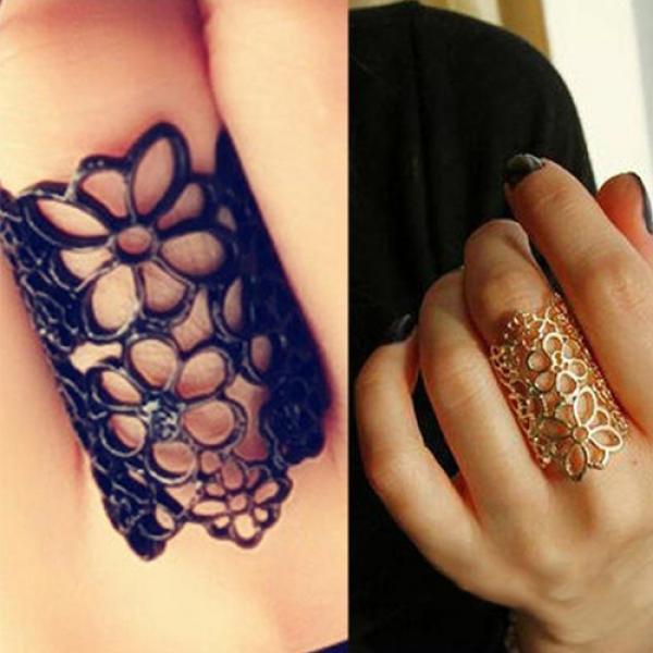 Fashion  Women Hollow Out Flower Alloy Opening Ring Black and Golden AVE