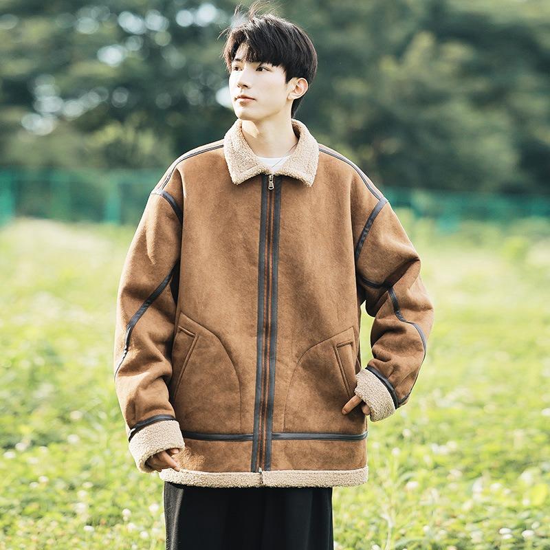 

Suede fleece jacket men s fall and winter loose plus size lapels outdoor fleece thickened cargo leather jacket jacket cotton jacket 3XL коричневый