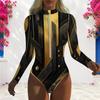 Women Plus Size One Piece Swimsuit High Neck Front Zip Long Sleeve Black Gold Printed