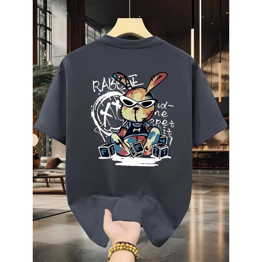 Men's Summer 100% Pure Cotton Fashionable Casual Loose Black Rabbit Cartoon Pattern Printed Round Neck Short Sleeved T-shirt Top