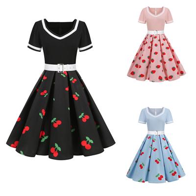 Women Party   Print Color Short Sleeves Retro Dress Sleeve Grenadine Dress