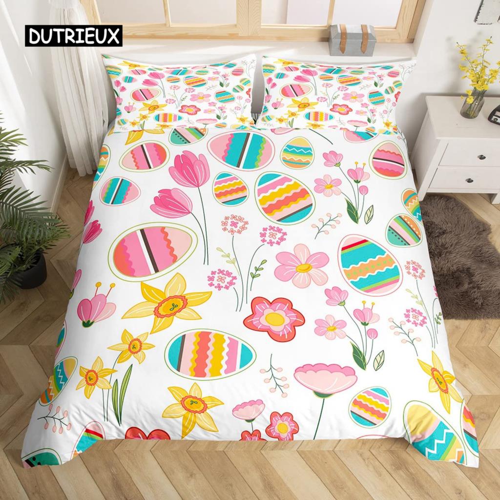 Kawaii Králičí Povlak na Peřinu Roztomilý Mazlíček Zvíře Povlak na Přikrývku Boho Květinový Velikonoční Vajíčka Ložní Set Šťastné Velikonoce Dárky pro Dívky Teenagery