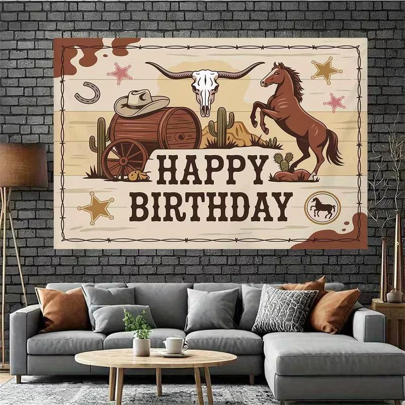 2D Western Happy Birthday Photography Backdrop, Cowboy Horse & Cactus Decor