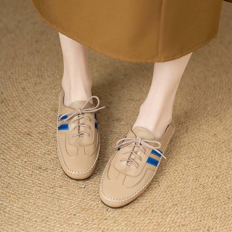Krazing Pot Cow Skin Round Toe Size 43 Flat with Fashion Lace Up Leisure Handmade Comfortable Light Autumn Sneakers