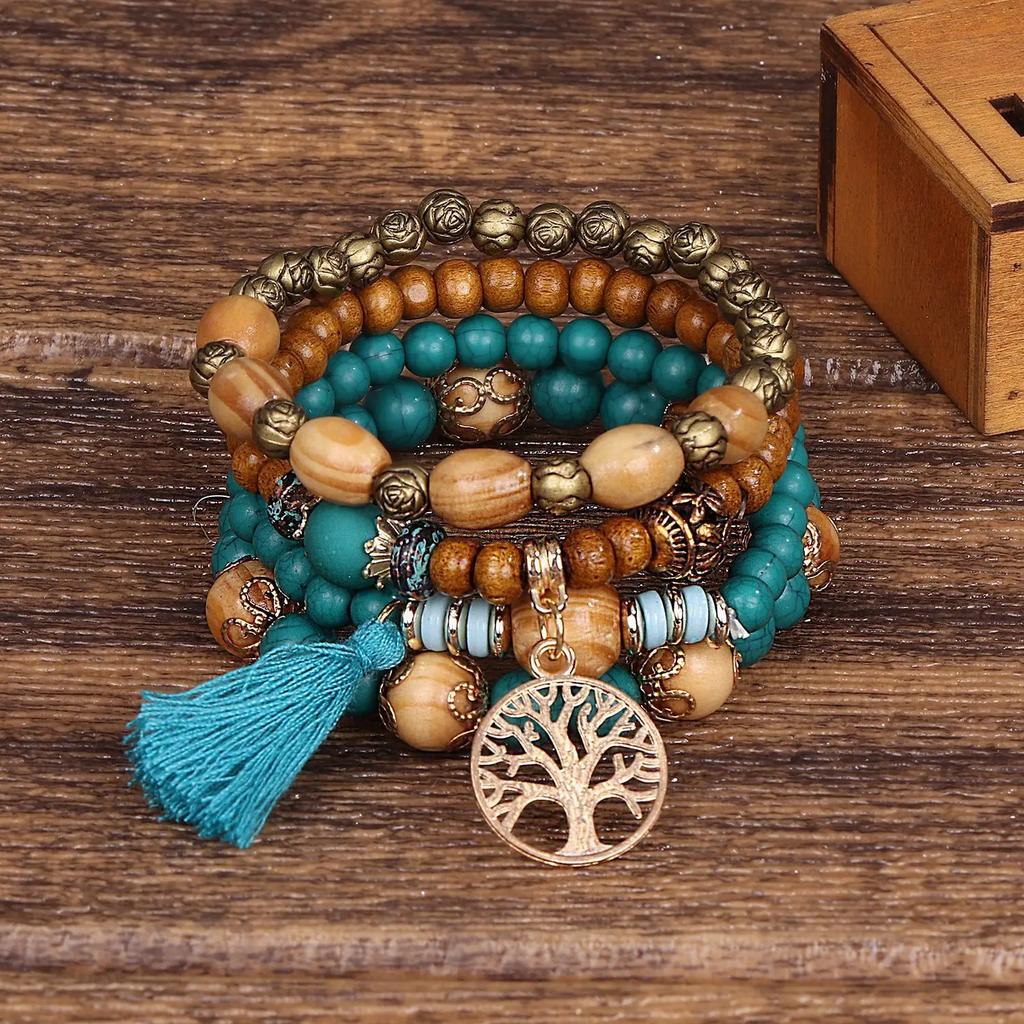 4ks/sada Boho dřevěný korálkový náramek sada pro ženy Tree Of Life Bílé střapce Charm Pružný řetízek Náramek Lady Bohemia Jewelry