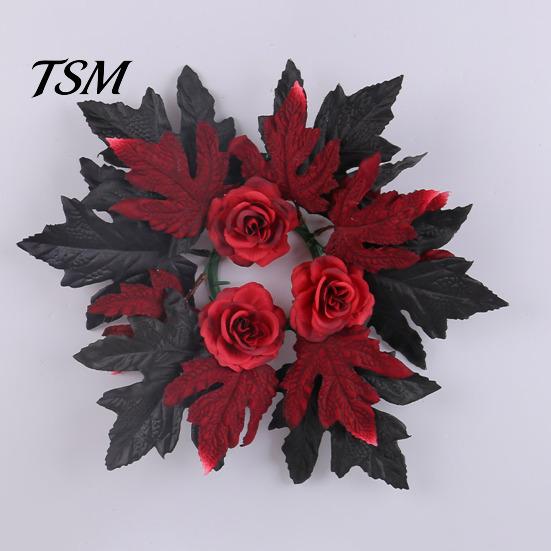 Reusable Plastic Props Halloween Floral Candle Ring, Artificial Maple Rose Wreath for Festive Atmosphere Decorations Holder, Spooky Table Centerpiece