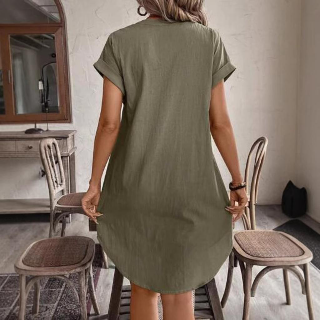 Ladies' Elegant Solid Color Button Up Front Short Sleeved Dress, V-neck, Short Sleeved - Casual, Casual Clothing | V-neck Dress | Short Sleeved Dress