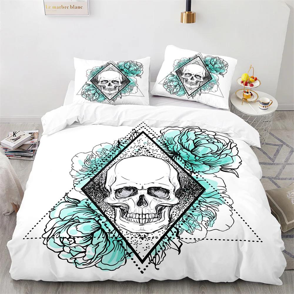 Sugar Skull King Queen Duvet Cover Gothic Skeleton Bones Floral Bedding Set Day Of The Dead Theme 2/3Pcs Polyester Quilt Cover