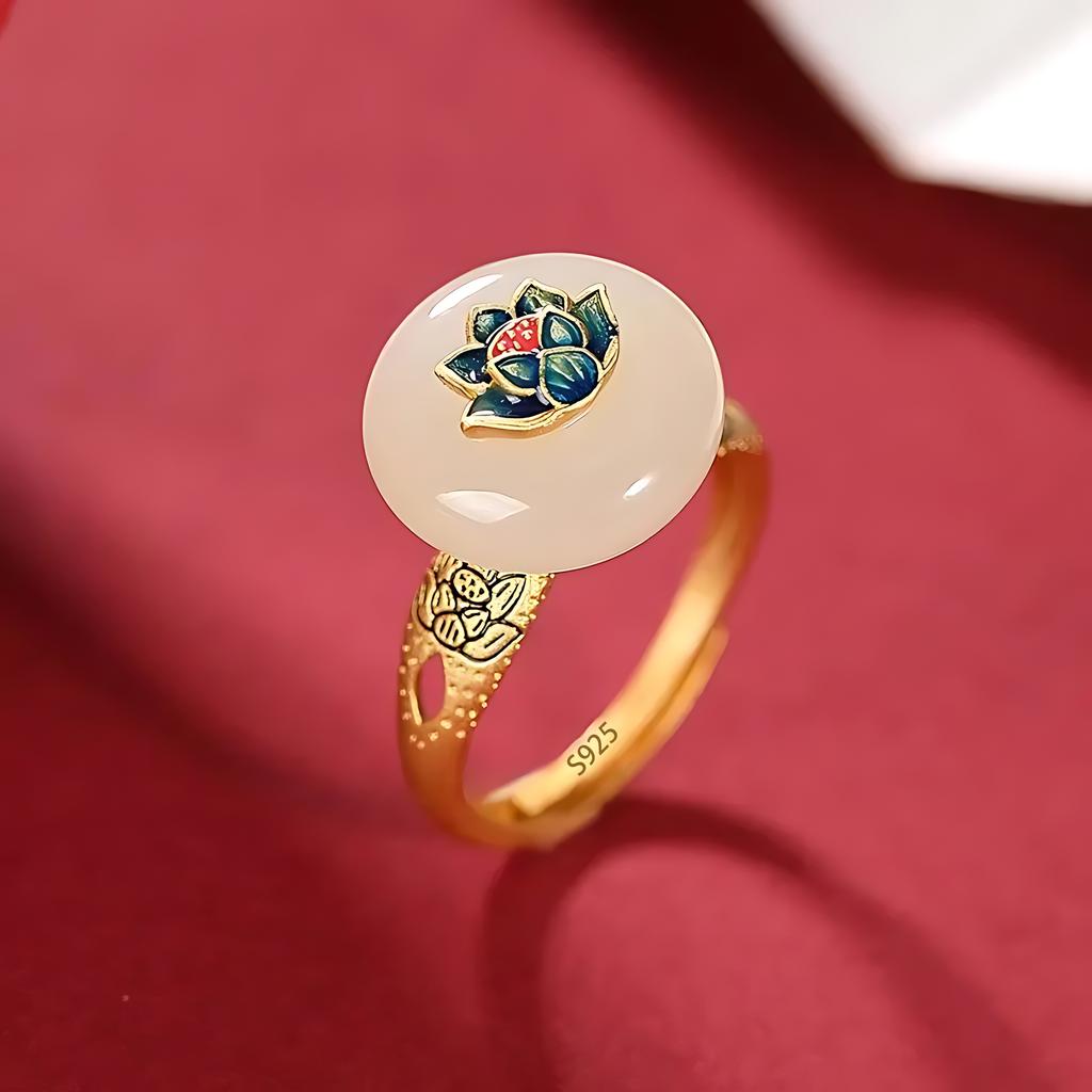 PANJBJ Anello Geometrico in Argento Sterling 925 con Giada di Hotan per Donna Ragazza Regolabile Gioielli Delicati Retrò Regalo di Compleanno Dropshipping