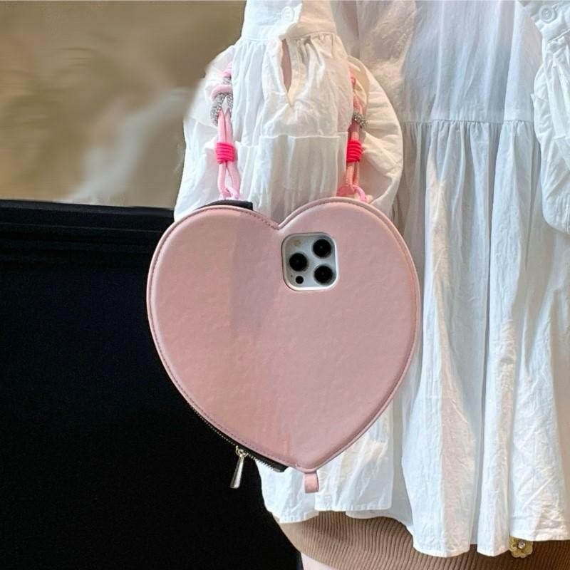 Korean Cute Love Coin Purse Phone Case For IPhone17 16 Pro 15 14 13 Pro Max Cover Cases Bag with Hand Strap Kawaii Leather Funda