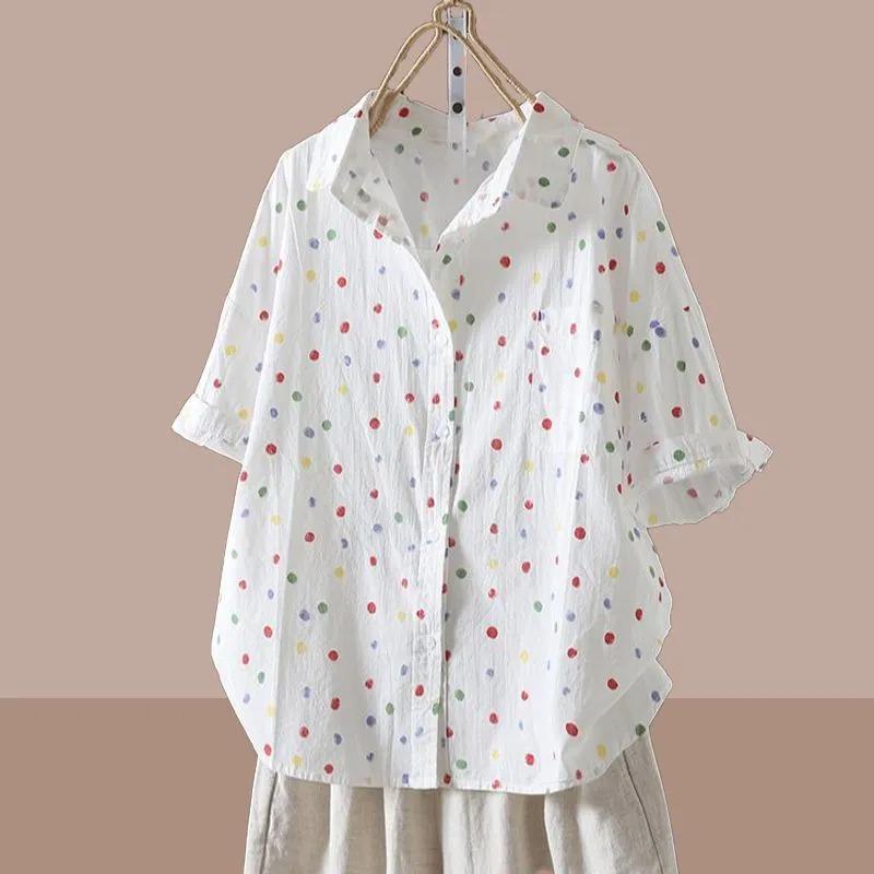 Summer New All Match Color Polka Dot Collar Shirt Short Sleeved Women's Loose Casual Versatile Fashion Chic Turn-down Collar Top