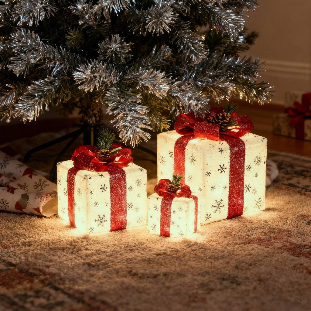 Weihnachtsbeleuchtung Geschenkbox 3-teiliges Set, Dekorative LED-Außenbeleuchtung Geschenkbox, Goldene Schneeflocken-Geschenkbox, Plug-in Weihnachtsdekoration