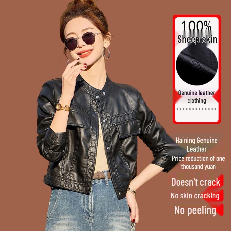 

Women s Short Sheepskin-Feel Leather Jacket - 2026 New Petite Style 2XL чорний