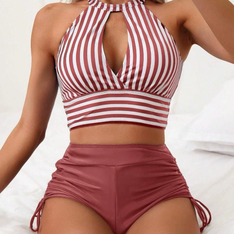 Multicolored Split Swimsuit High-end Hollow Bikini Stripe Suit Women