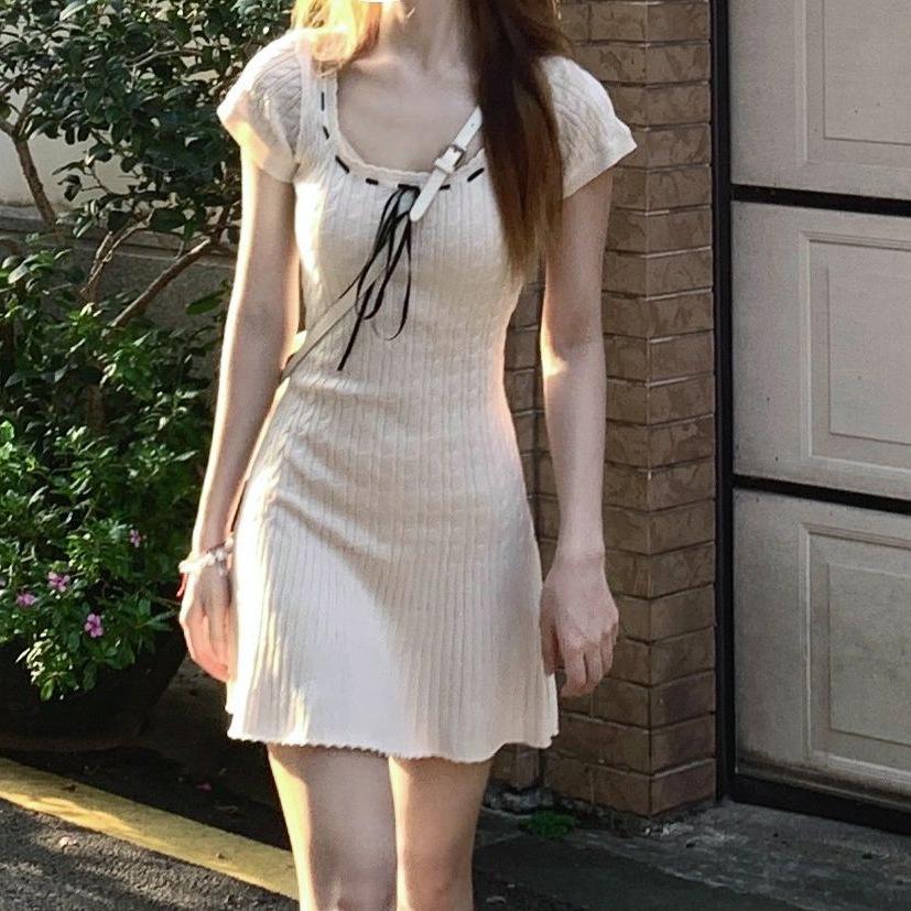 Pure Desire Spicy Girl Ice Silk Knit Lace-up Short Dress - Summer High-End Petite A-line Skirt One Size абрикосовый