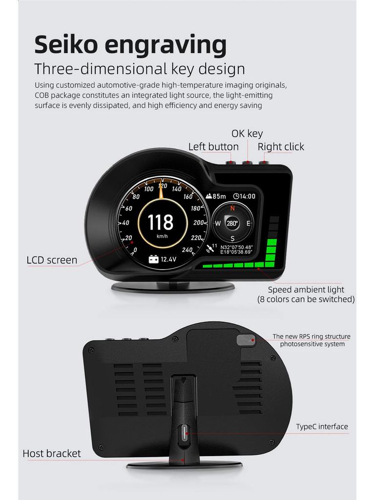 F15 Car Mod HUD: OBD Display for Speed, RPM, Water & Oil Temp, Fuel Consumption, Turbo & Clock