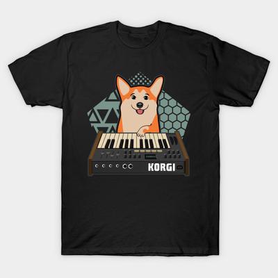 Men Black Print T-shirt Funny Synthesizer Electronic Musician Corgi Dog Lover No-Cut Transfer Paper Print Cotton Tshirt