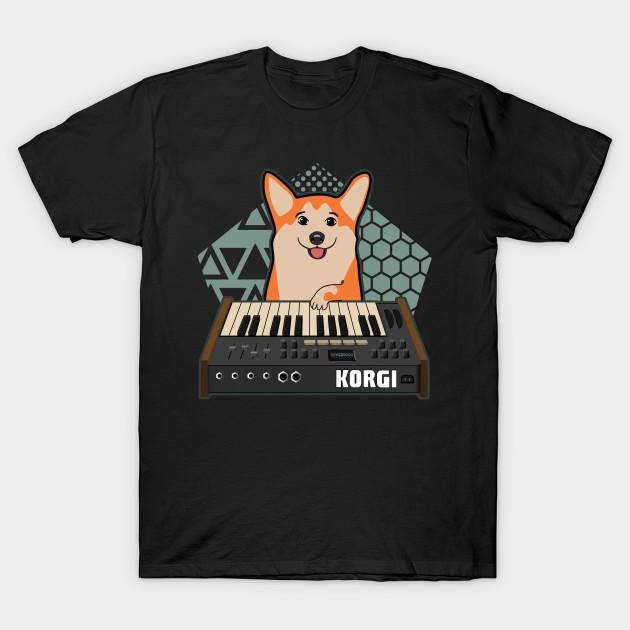 

Men Black Print T-shirt Funny Synthesizer Electronic Musician Corgi Dog Lover No-Cut Transfer Paper Print Cotton Tshirt 3XL чорний
