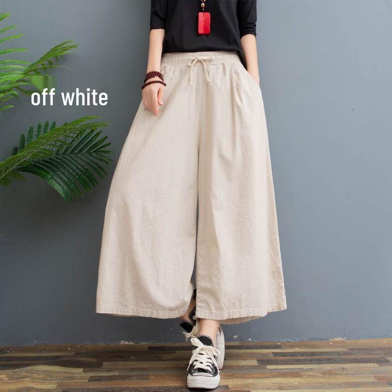 Plus Size Summer Cotton Linen Wide-Leg Pants - Lightweight, Versatile Eight-Point Culottes