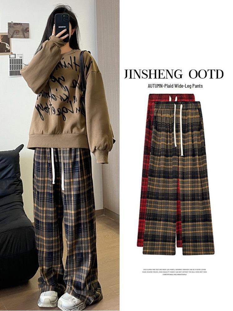 Women s High Waist Flannel Plaid Pants - Autumn Winter Retro Wide Leg Casual Style M