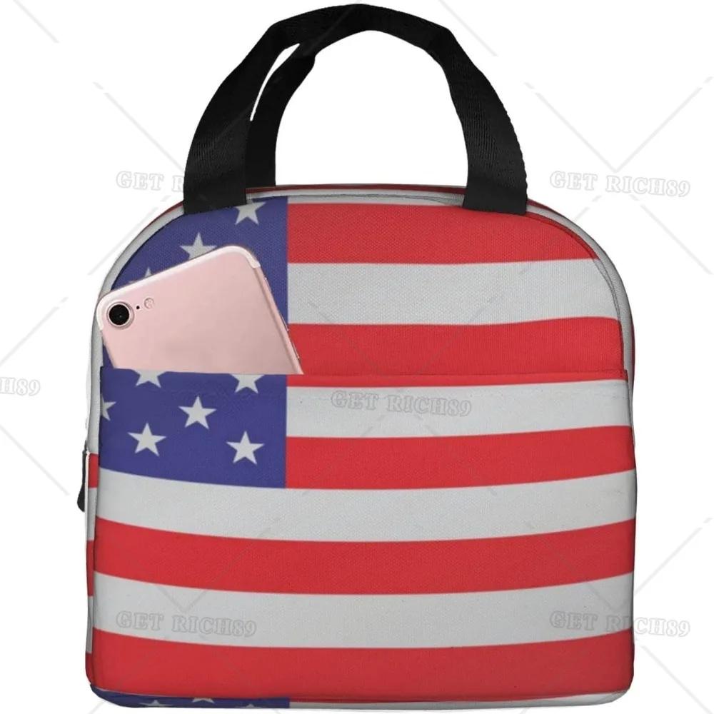American Usa Flag Lunch Tote Bag for Women Men Reusable Insulated Cooler Lunch Box Container with Pocket for Work Office Trip