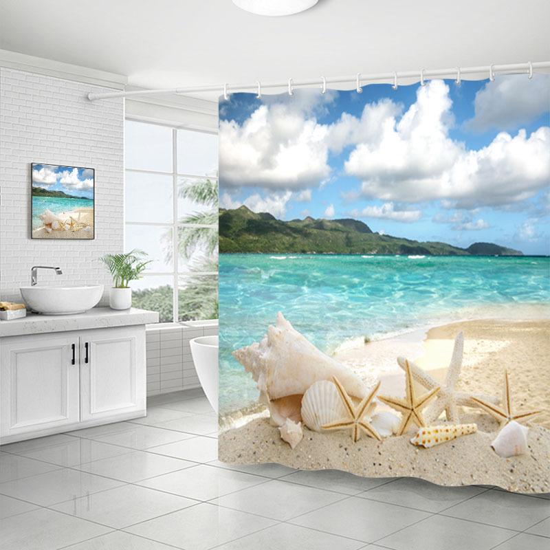 Shower Curtain Bathroom Fabric Non-Punching Beach Natural Scenery Digital Printing Shower Curtain With 12 Hooks