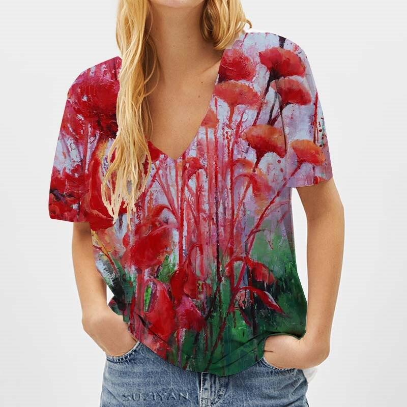 Módní jarní halenky s květinovým potiskem, trička s krátkým rukávem a výstřihem do V, ležérní