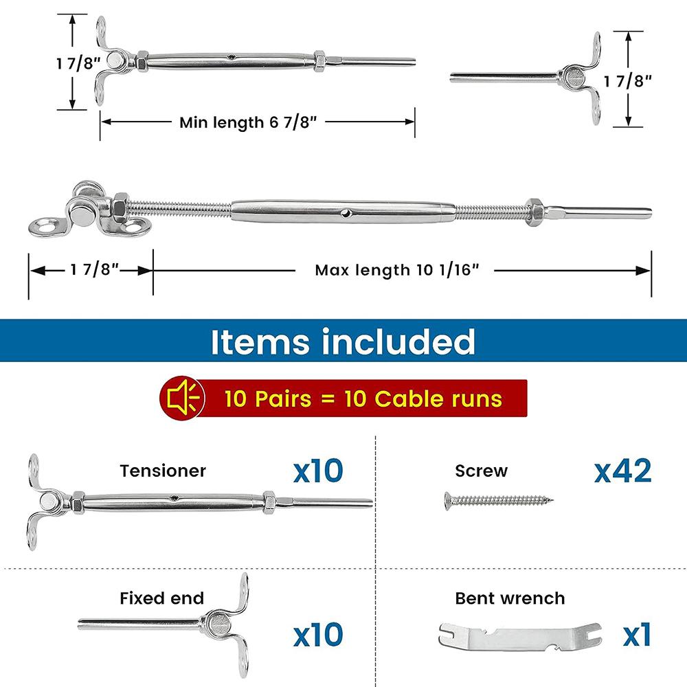 10 Pairs Cable Railing Kit T316 Stainless Steel 1/8" for Wood Post Wood Easy System Angle 180° Adjustable Stairs Deck