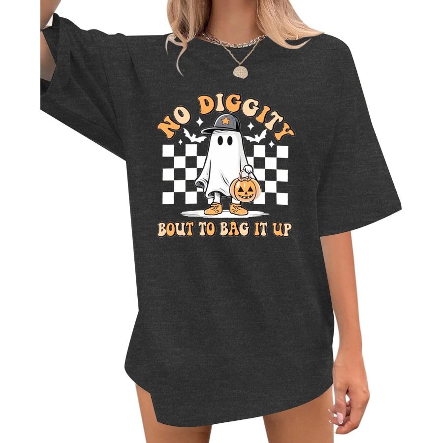 Halloween Shirts for Women Oversized Spooky_ No Diggity Shirt Cute Ghost Graphic Tee Halloween Costumes S