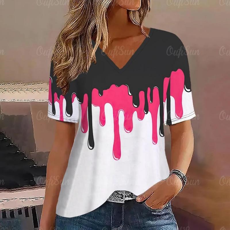 

Gradient V Neck Short Sleeve T-Shirt Fashion Women T Shirt Print Basic Tops Streetwear Summer T-Shirts 5XL