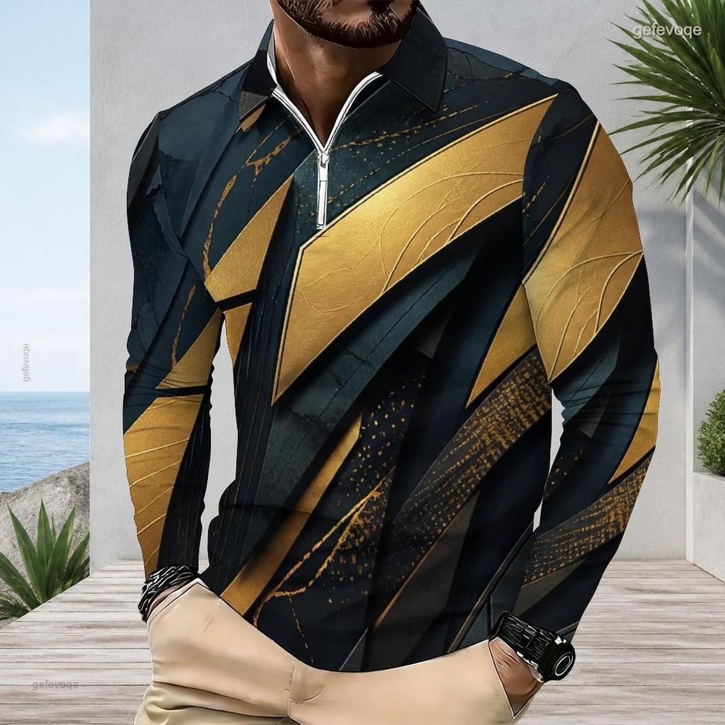Men Plus Size Long Sleeve Quarter Zip Collared Printed Polo Shirt Grey Peach