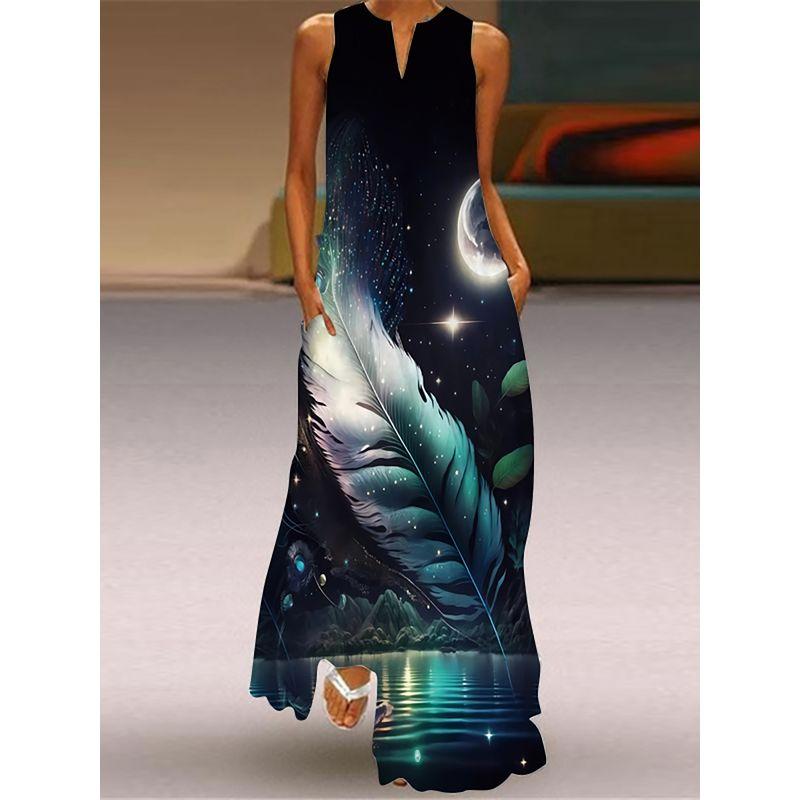 V Neck Sleeveless Dress 3D Print Fashion Elegant Pocket Dress Stage Show Travel Photography Beach Dress