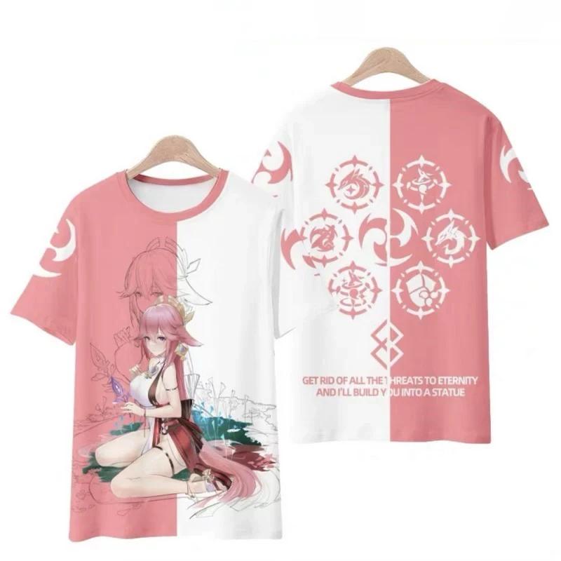 2026 Summer New Fashion Source Impact 3D Printed T-shirt Anime Game Yae Miko Street Men's and Women's Casual Oversized T-shirt Y