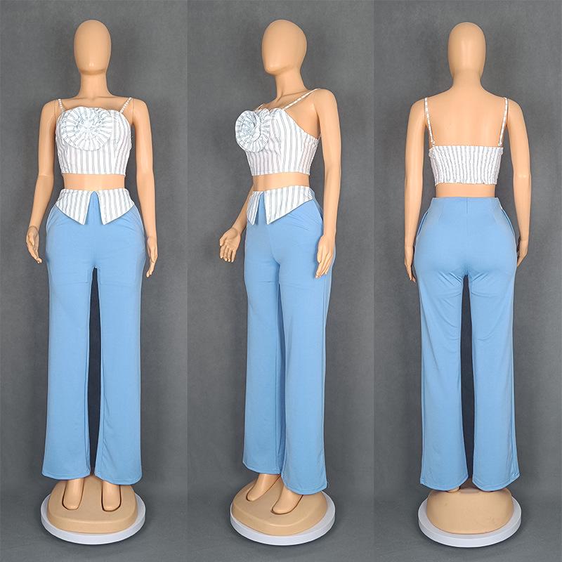 European-American Design Women's Striped Floral Tube Top & Straight-Leg Pants Set