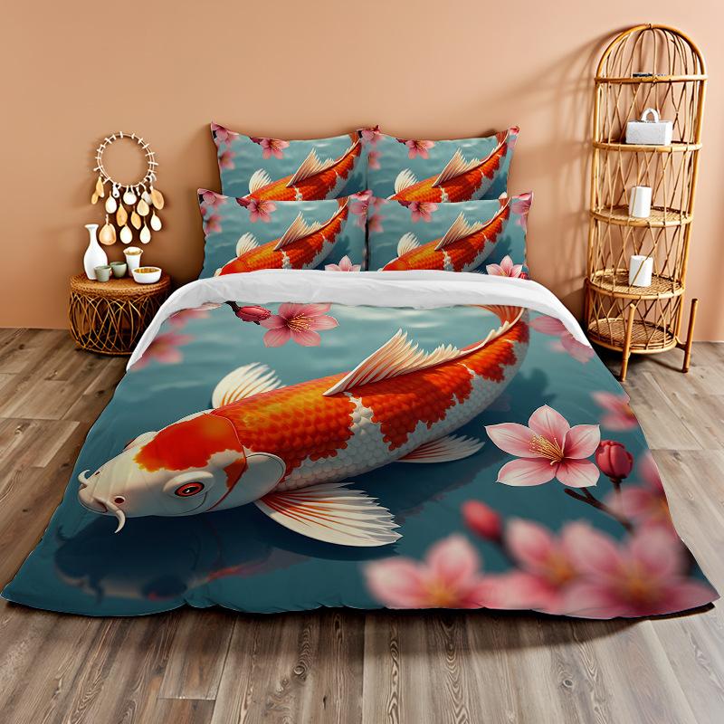 3D Digital Printing Bedding Two Or Three-Piece Set Koi Rich Flower Polyester Quilt Cover