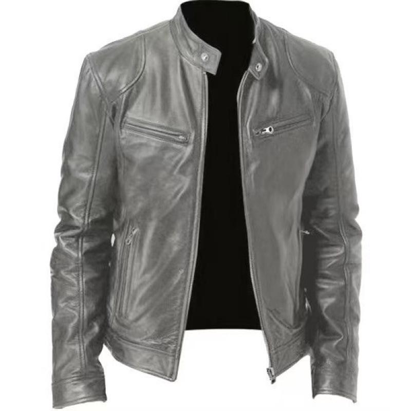Men Stand Collar Punk Motorcycle Leather Jacket Casual Outerwear For Young Men