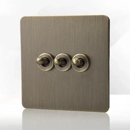 Retro Eu Metal Panel Wall Toggle Light Switch Socket,Bronzed Antique Stainless Steel German 16A Socket with USB Phone Charging